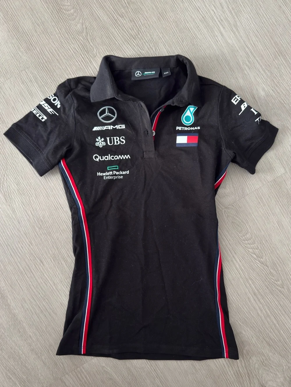 Mercedes AMG Petronas Black Short Sleeve Team Polo with Red & White Trim - Picture 1 of 3